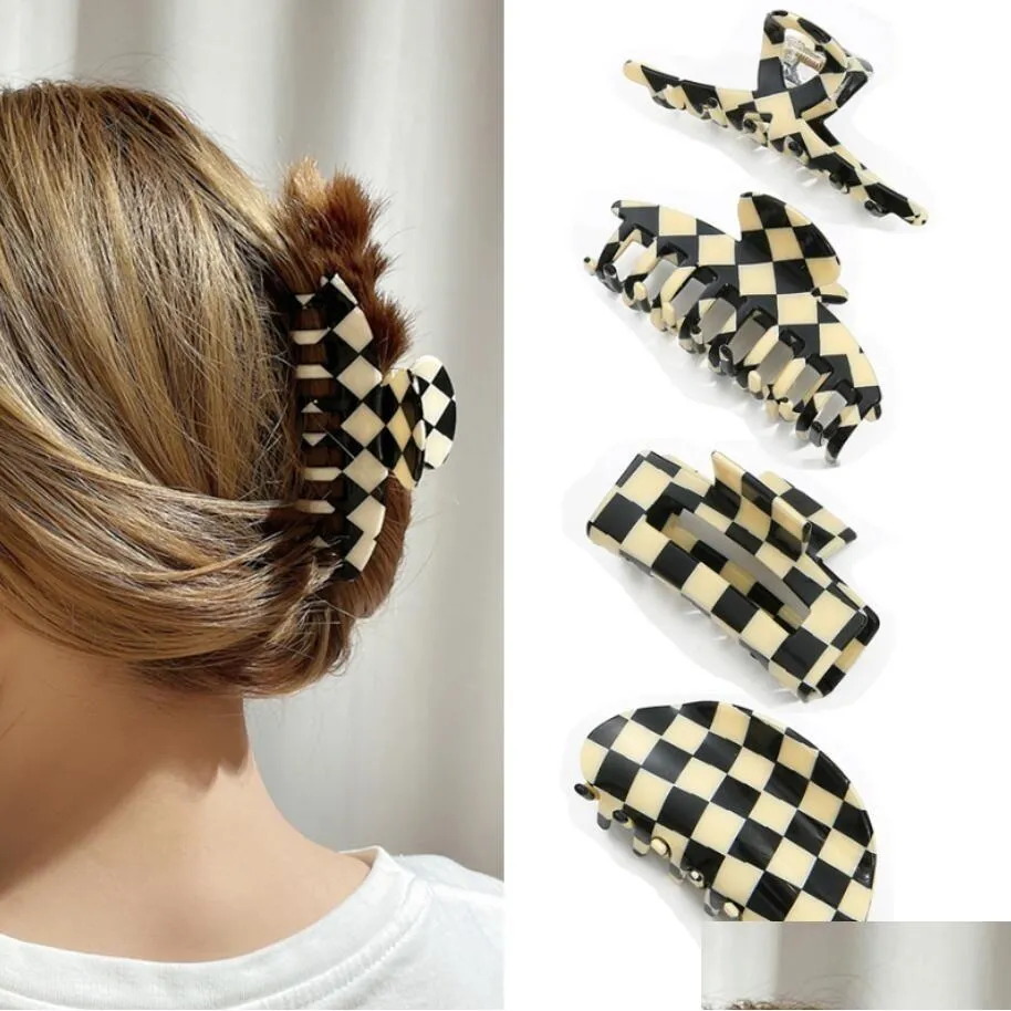 Grampos de cabelo barrettes preto e branco xadrez garra clipes grande barrette caranguejo garras de cabelo clipe de banho rabo de cavalo para mulheres meninas acessórios dhsje