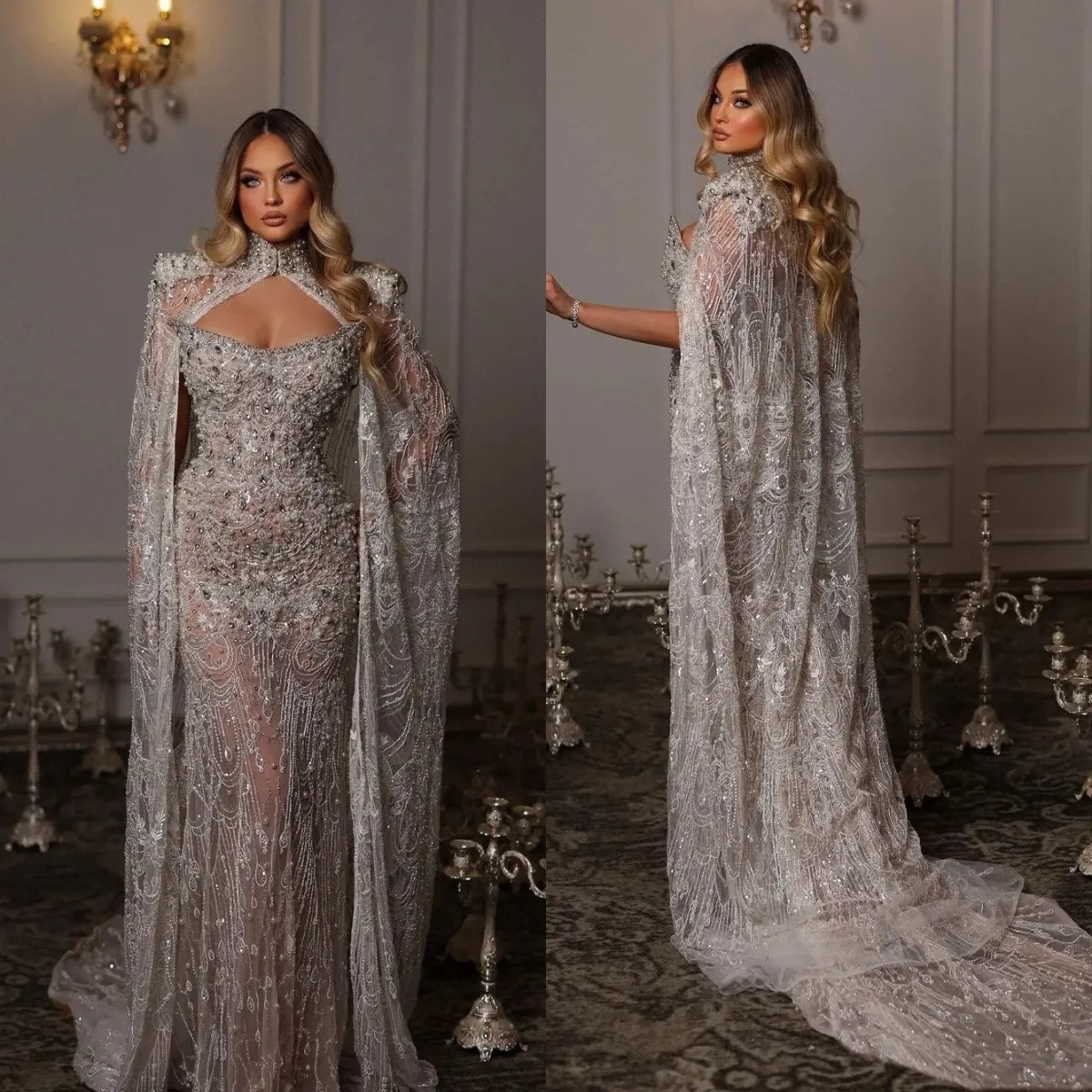 Glamorous Heavy Beaded Evening Dresses Pearl Crystal Mermaid Prom Dress With Cape Strapless Plus Size Custom Made Special Occasion Dresses