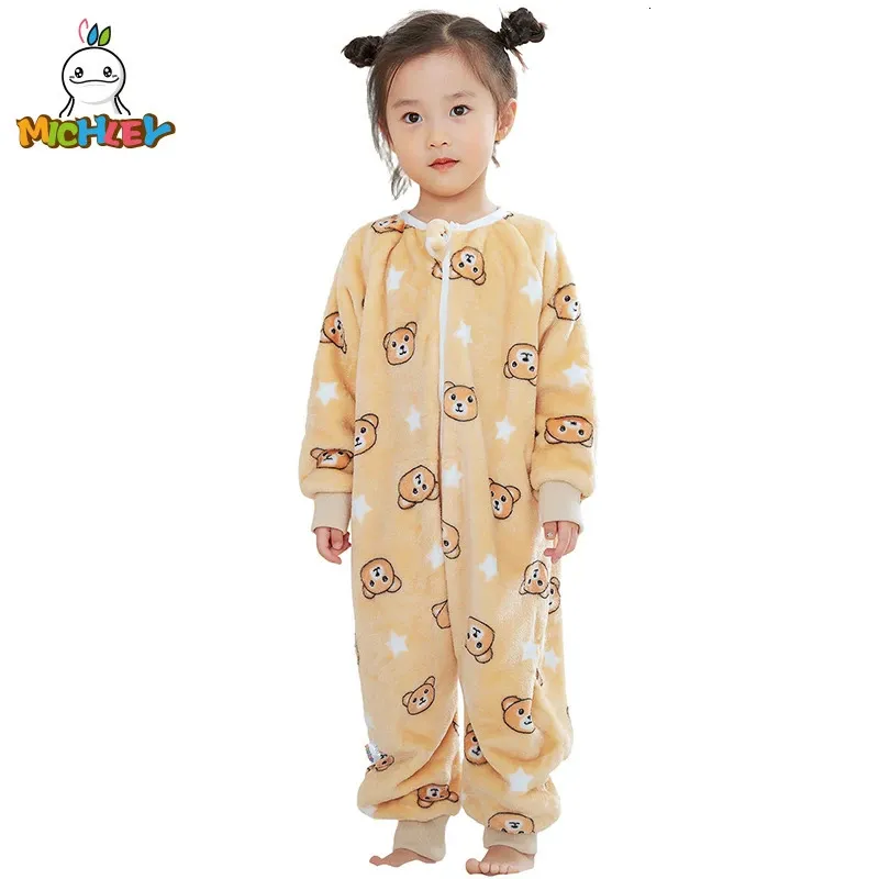 MICHLEY толстый зимний фланелевой детский спальный мешок милый мультфильм теплая одежда для сна боди пижамы с ногами для мальчиков и девочек 240111
