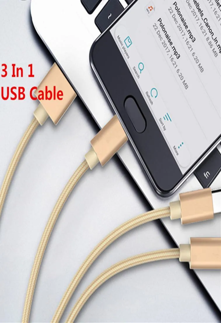 12M Nylon Braided 3 in 1 USB Cable Multi 24A Fast Charging Charger Type C Typec Micro USB Cables For Android Smart Mobile Phone1438475