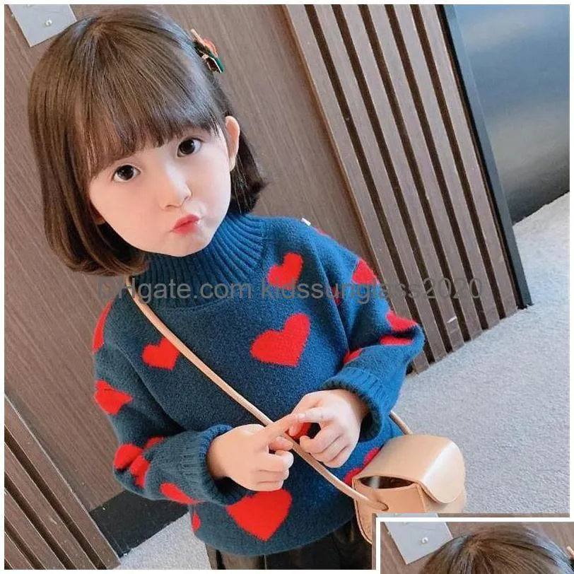 Pullover Plover Girls Love Heart Knitted Sweater 2022 Spring Kids High Collar Long Sleeve Tops Valentines Day Children Princess Clot Dhkr0