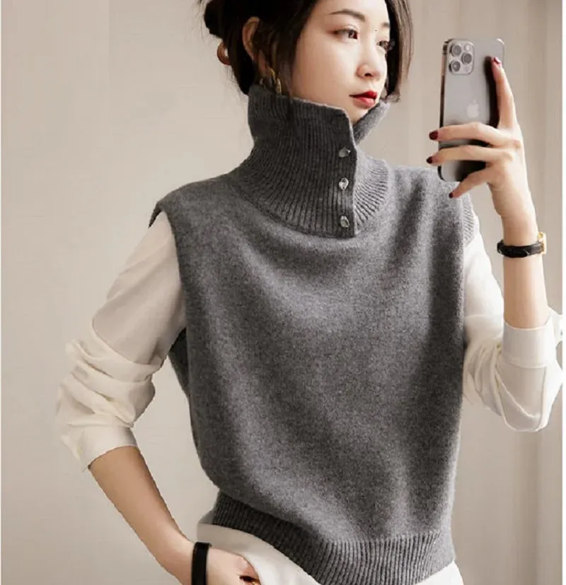 2023 mode Pull Frauen Elagant Rollkragen Ärmellose Weste Pullover Gestrickte Pullover Herbst Winter Jumper Casual Tops 240111