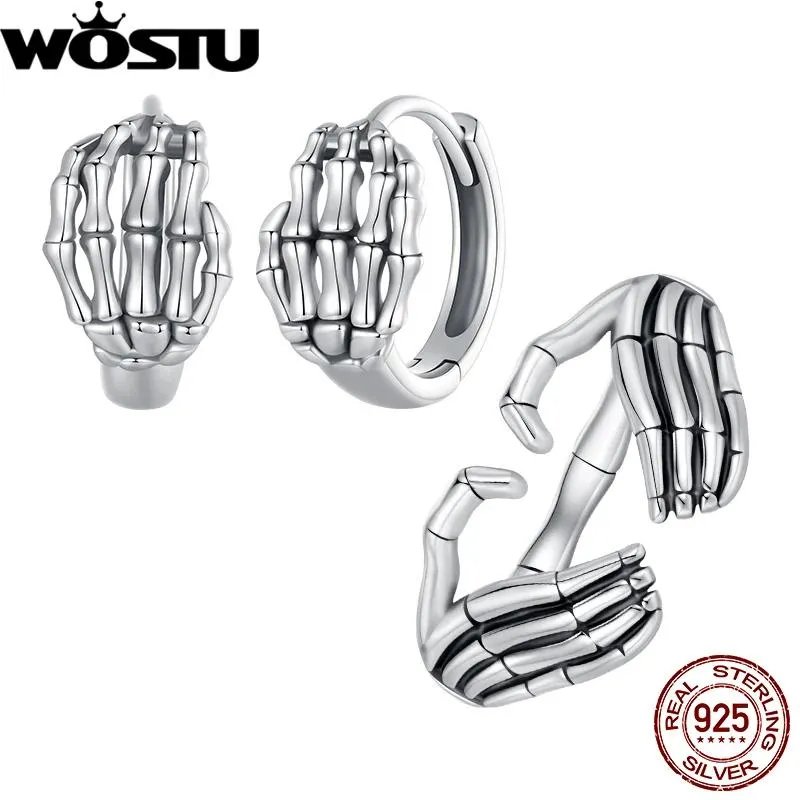 Set WOSTU 925 Sterling Silver Scheletro Mano Anello di Apertura Dell'orecchio Gioielli In Argento Ossidato Per Le Donne Ragazze Halloween Punk Gioielli