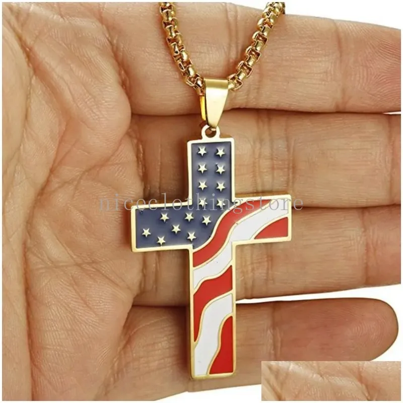 Collane con ciondolo Collana con croce bandiera americana in acciaio inossidabile uomo donna Punk Usa geometrico gioielli da donna da uomo