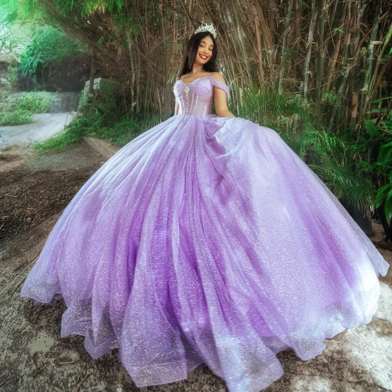 Lavendelfarbenes, glänzendes Ballkleid für Quinceanera, süßes 15- bis 16-jähriges Geburtstagsparty-Kleid, schulterfrei, herzförmig, Prinzessin, langes Mädchen-Gala