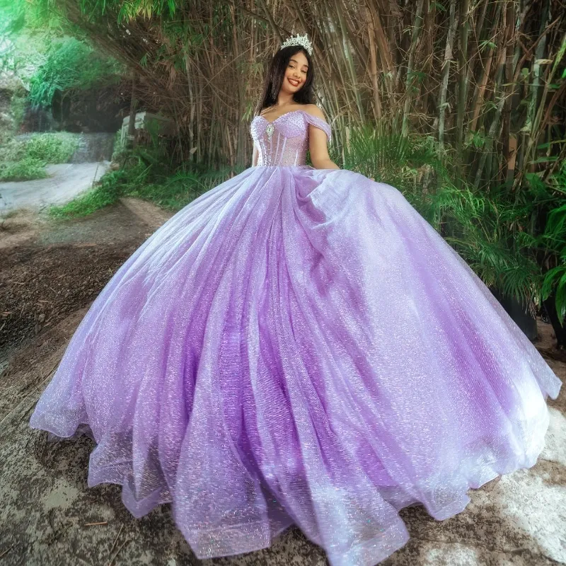 Lavender Quinceanera Ball Gown Sparkly Sweet 16 Dress, Off-Shoulder  Princess Gown, Long Formal Birthday Party Dress for Girls