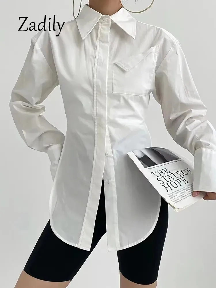 Zadily Lente In Streetwear Lange Mouw Wit Shirt Vrouwen Minimalistische Pocket Button Up Dames Tuniek Blouse Vrouwelijke Tops 240111