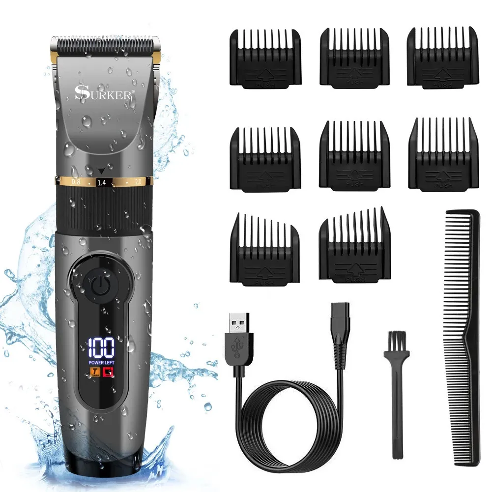 SURKER Professional Hair Clipper Ceramic Blade Male Trimmer LED Display Haircut Machine USB charging 240110