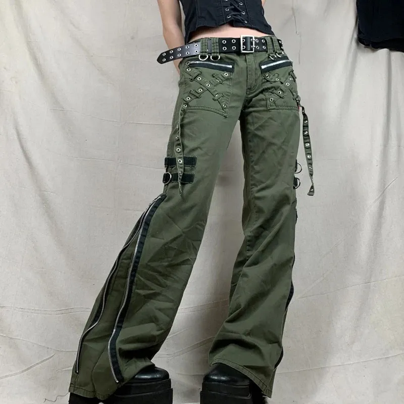 Women's Pants Gothic Punk Baggy Vintage Kawaii Trousers Bandage Low Waist Cargo Pants Grunge Green Zipper Jeans Korea Sweatpants 240110