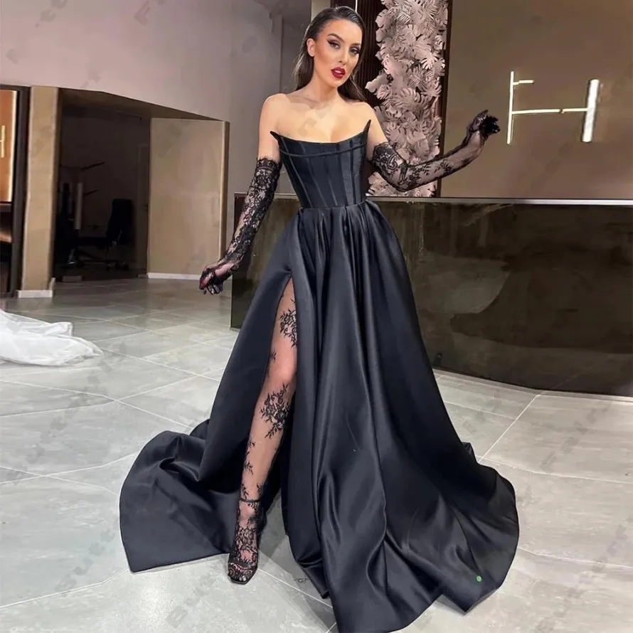 Black Gorgeous Women's Evening Dress 2024 A-Line Satin Sexy Strapless Side Slit Princess Prom Formal Party Gowns Robe De Soiree Vestidos De Gala