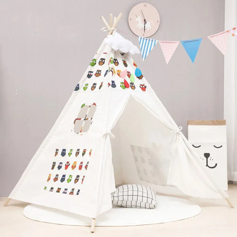 Kids Indian Tipi Children Teepee Owl Cotton Canvas Fabric Playhouse Indoor Toy Tent 240110