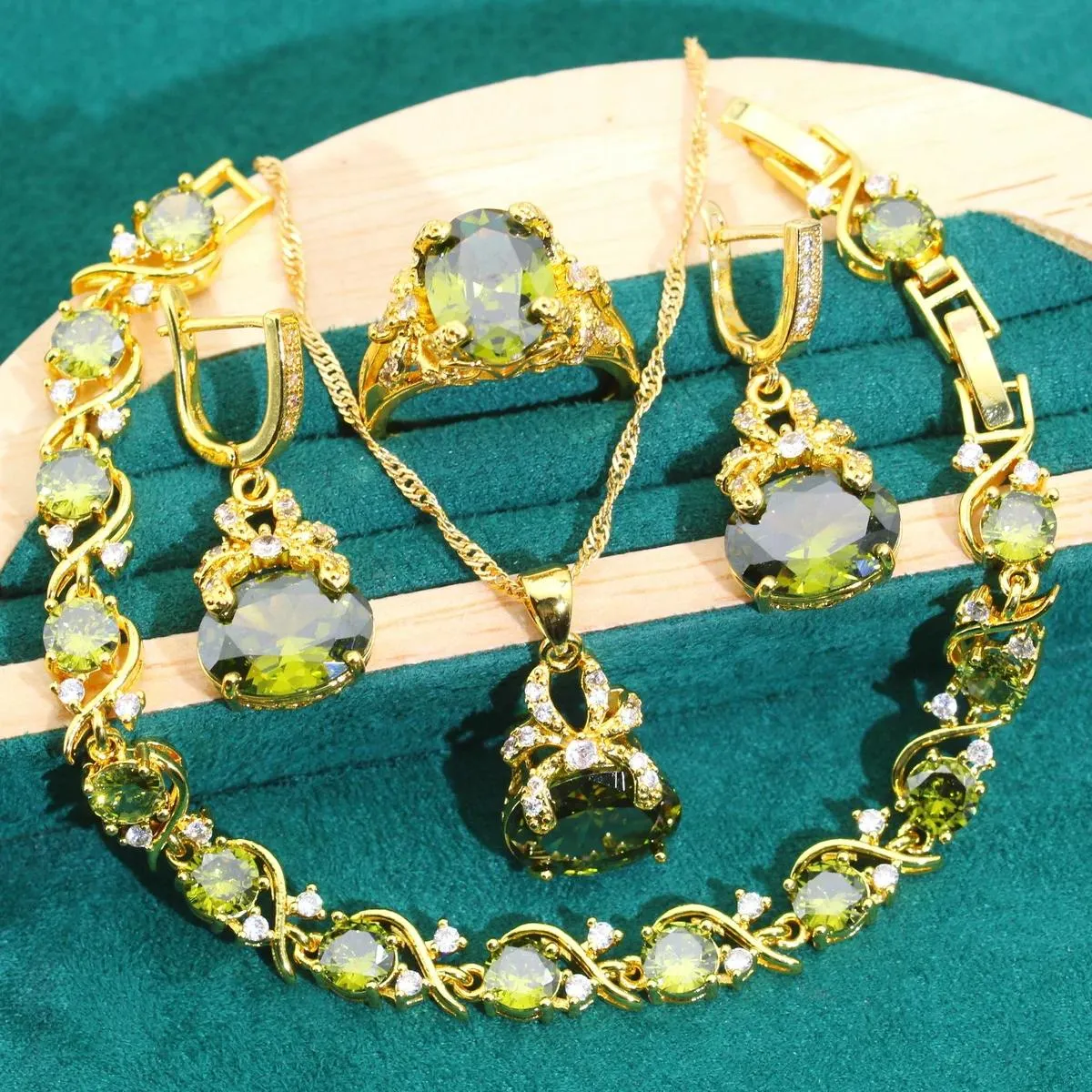 Sets Gold Color Jewelry Sets For Women Wedding Olive green Zircon Bracelet Earrings Necklace Pendant Ring Dating Gifts