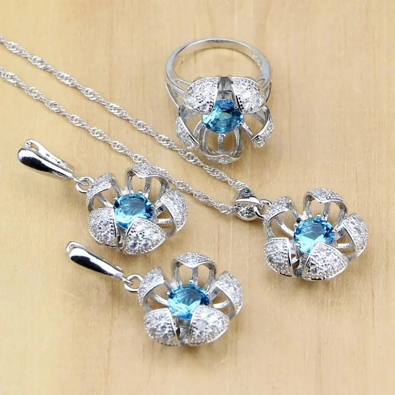 Set Gioielli in argento 925 Set di gioielli da sposa blu naturale con zirconi cubici per le donne Orecchini da sposa/Pendente/Anello/Collana Set