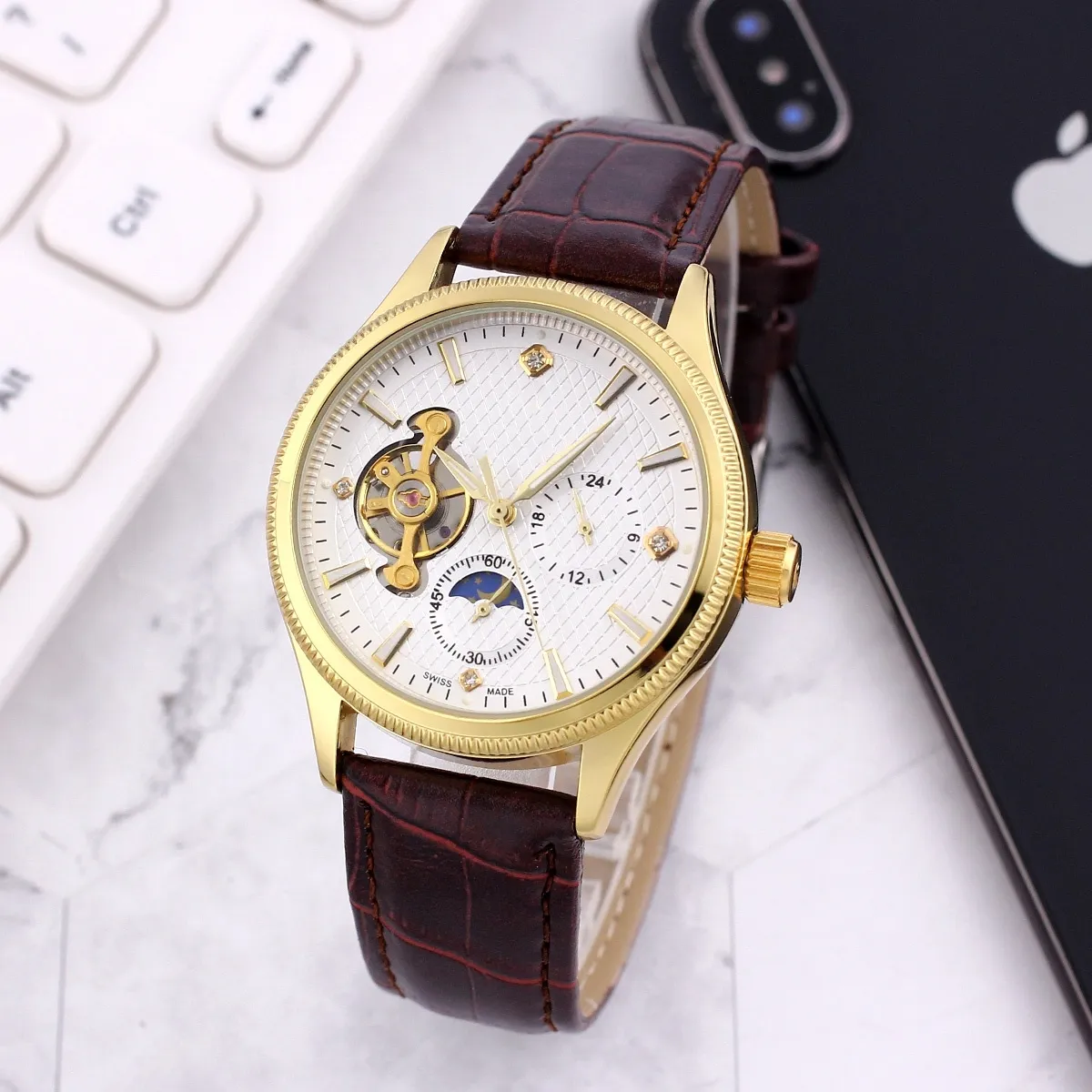 Luxury leather band tourbillon automatic mechanical wristwatches men watch drop shipping day date mens watches gifts for father