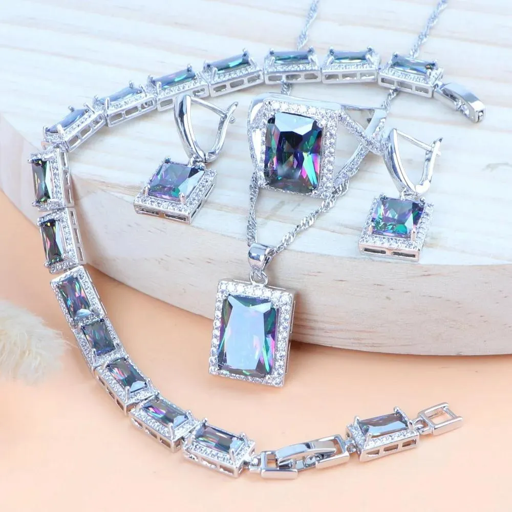 Conjuntos Conjuntos de joyería Brdal de plata 925 Natural, pendientes mágicos de circón arcoíris, pulsera, anillo, colgante, collar, conjunto de joyería de boda para mujer