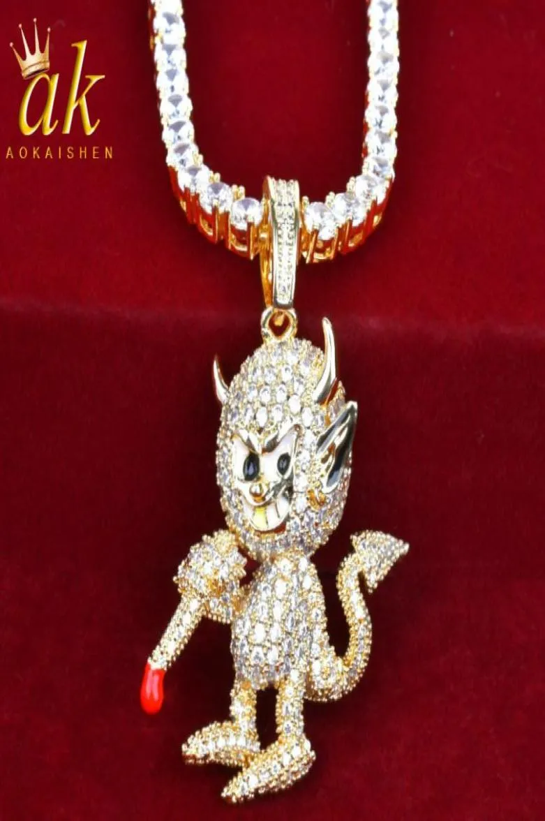 Icedout Demon Monkey Pendant Necklace Gold Color Bling Cubic Zircon Material Copper Women Men Charms Hip Hop Rock smycken med TE3402946