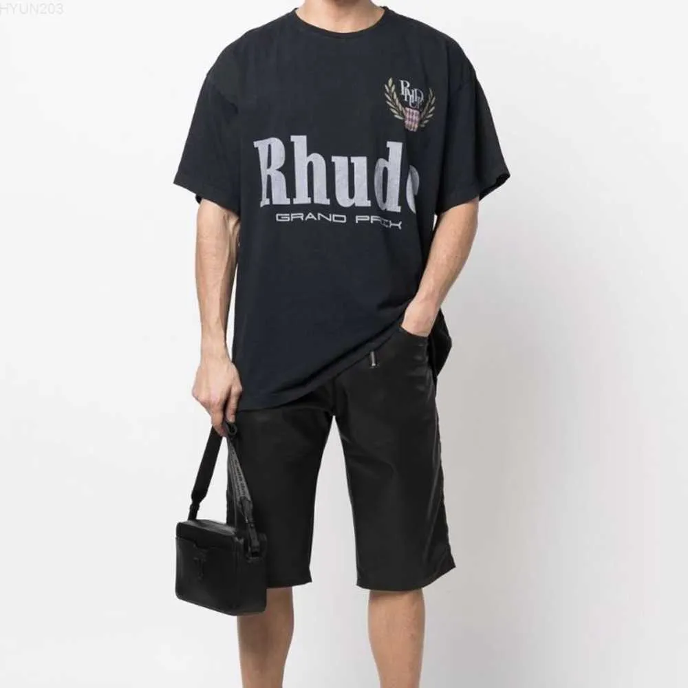 2024 newhigh versão rhude trigo orelha alfabeto impresso em torno do pescoço masculino solto casual manga curta camiseta casal feminino