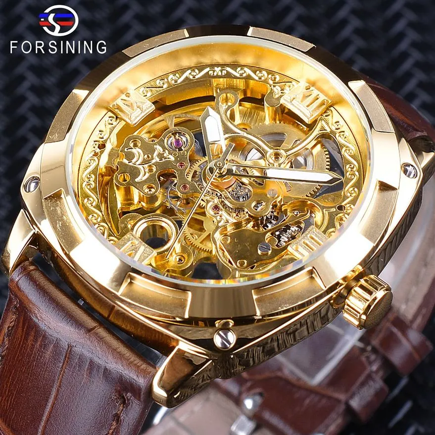 x Forsining 2018 Royal Golden Flower Прозрачный коричневый кожаный ремешок Мужские креативные часы Мужские часы Водонепроницаемые механические наручные часы255A