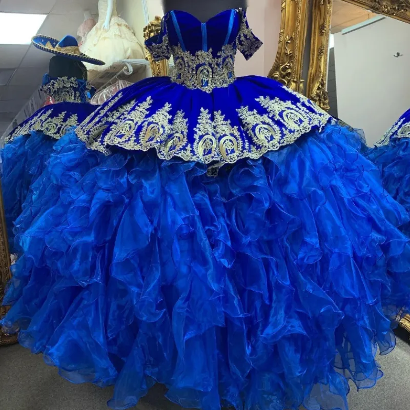 الزرقاء المكسيكي Quinceanera فساتين الذهب زين ثوب كرة ثوب كرة عيد ميلاد الدانتيل الحبيب الحلو 16 اللباس