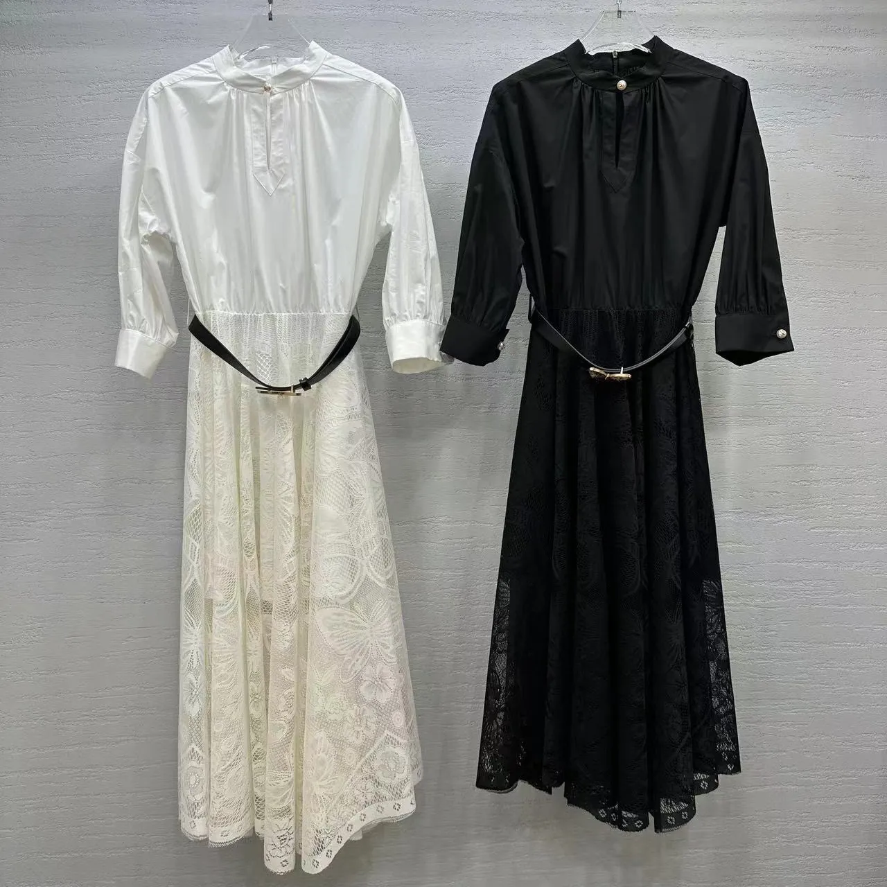 Womens Dress European Fashion brand Black and white cotton butterfly pattern lace stand collar half sleeved midi dress