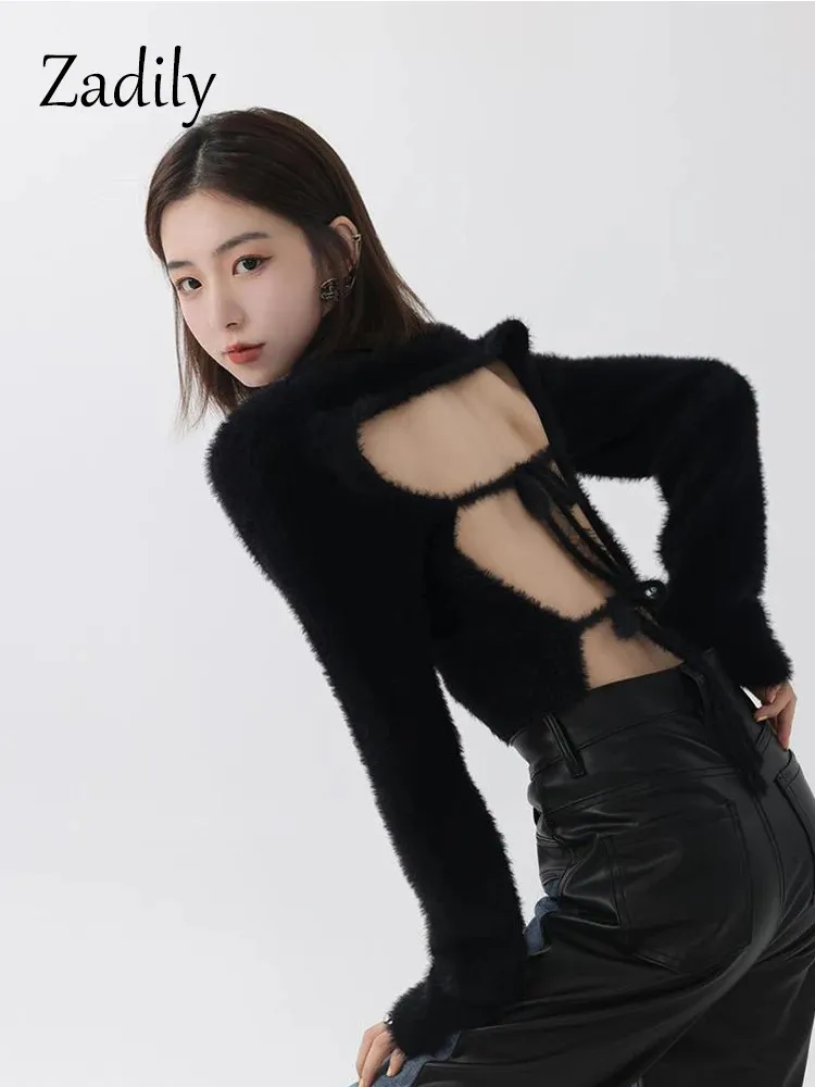 Zadily Winter Korean Style Slim Longhair Seater Women Sexy Backless Ladies Crop Fall Fame Pullover 240111