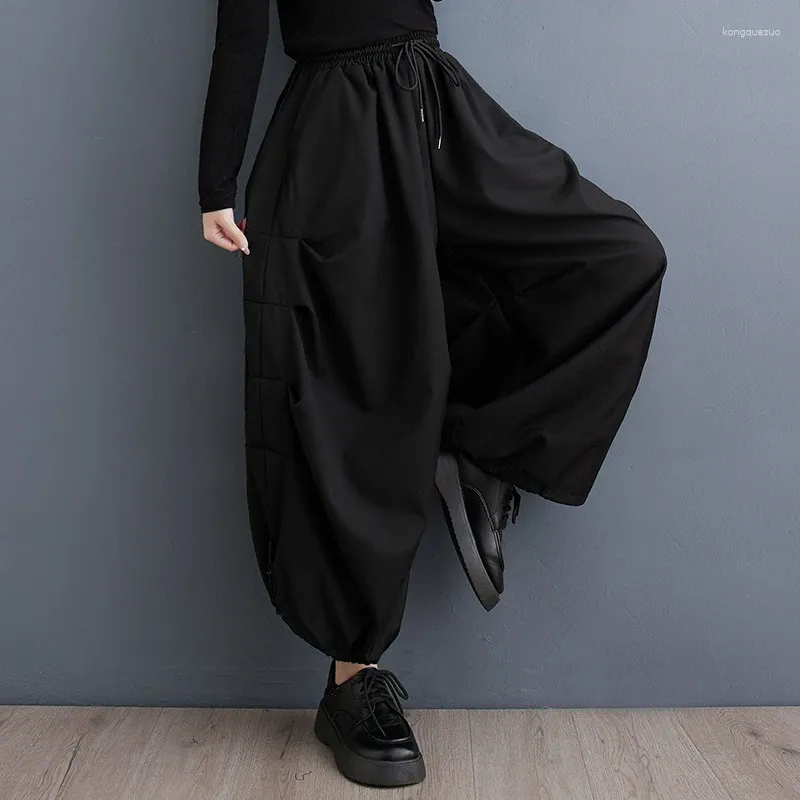 Calças femininas Coréia estilo japonês cintura alta dobras escuro preto chique senhora primavera perna larga rua moda mulheres outono casual harem
