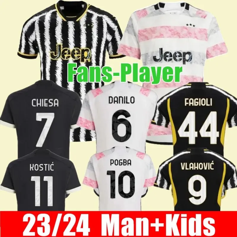 23 24 Home Away Fans Player Player Dooccer Jerseys Joventus Milik di Maria Vlahovic Kean Pogba Chiesa McKennie Locatelli Top Jerseys 2023 2024 Kits Men and Kids Unifor Duves