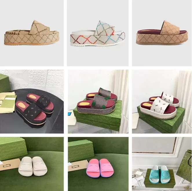 Designer-Hausschuhe für Damen, Plateau, Damen-Mann-Slipper, mittlerer Absatz, 55 mm hoch, mit Box, modische Leinwand, klassische Stickerei, Plateauschuh, Sandale für