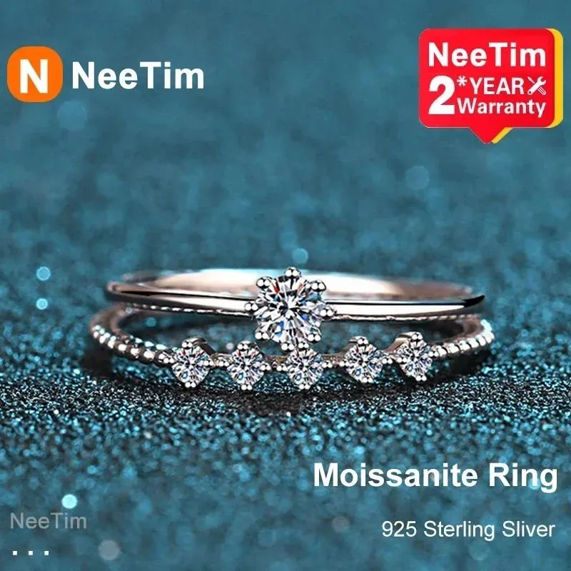 Ringar neetim 3mm moissanitring set silver 925 lysande klipp 0,1 karat diamant test förbi d färg moissaniter ringer originella smycken
