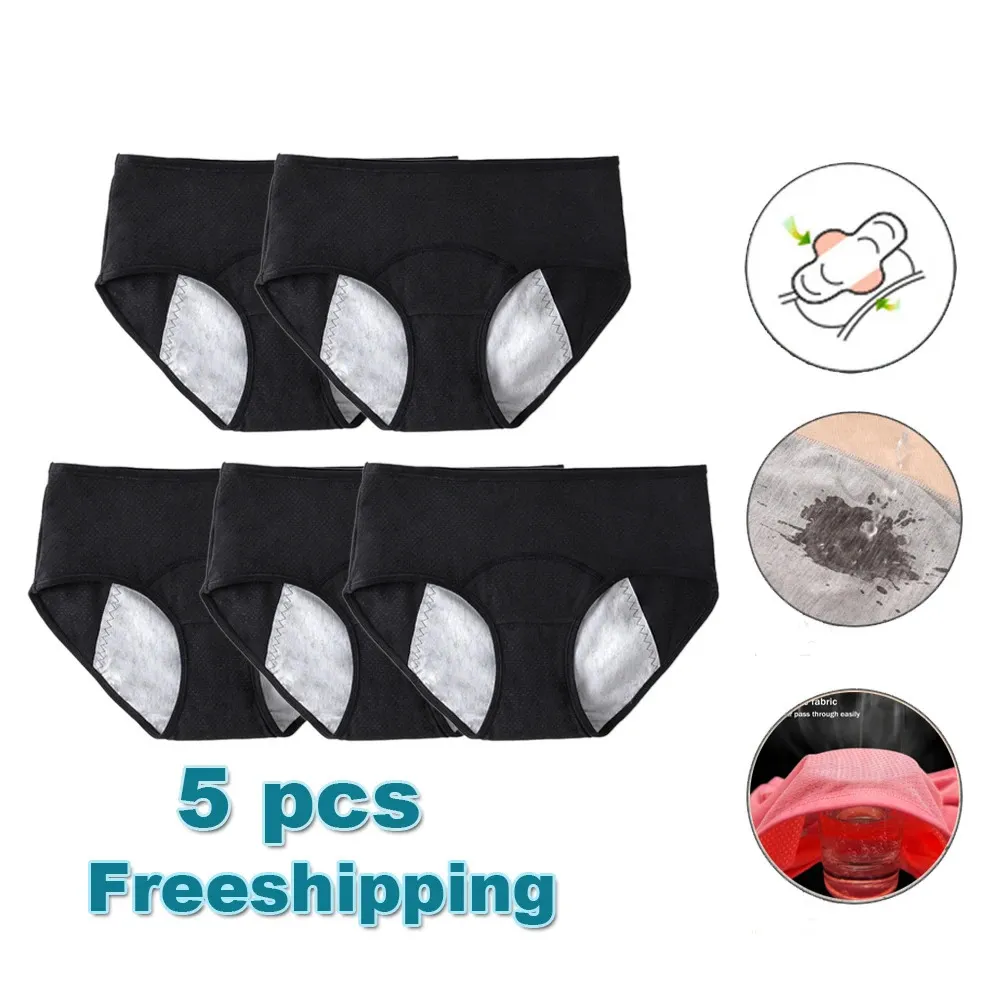 L-8xl 5pcs Sızıntı Kanıtı Menstrüel Panties Kadın Dönem Seksi Pantolon Fizyolojik iç çamaşırı artı Beden Su Geçirmez Kılavuzlar 240110