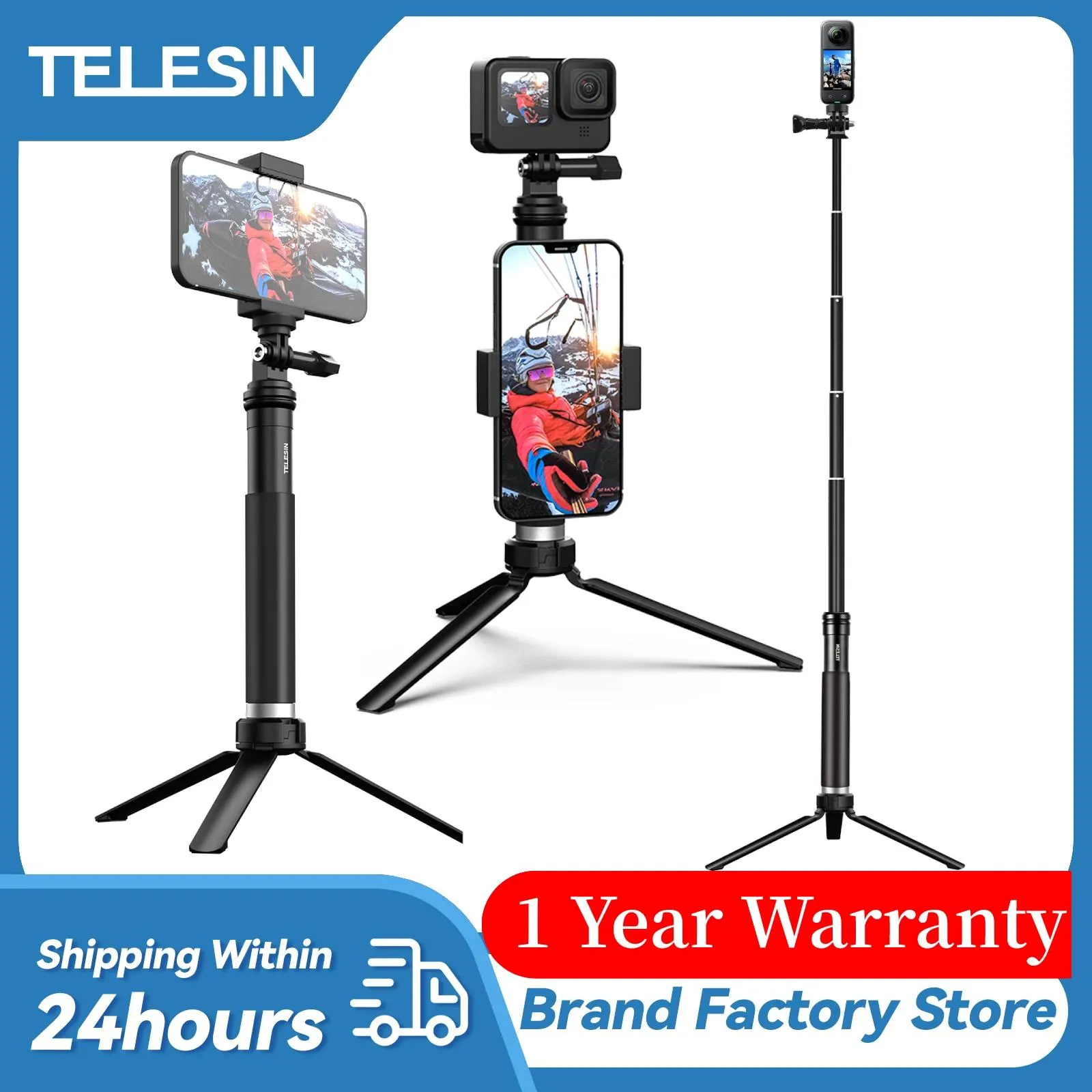 Stative Telesin 90 cm Selfie-Stick mit Stativ aus Aluminiumlegierung für Gopro Hero 11 10 9 8 7 5 Dji Osmo Action 3 Action-Kamera Smartphone