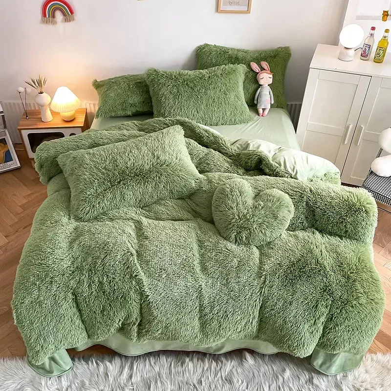 Svetanya plysch sängkläder set mjuk fluffig faux päls täcke täcke kudde kudde fuzzy varma sängkläder 240111