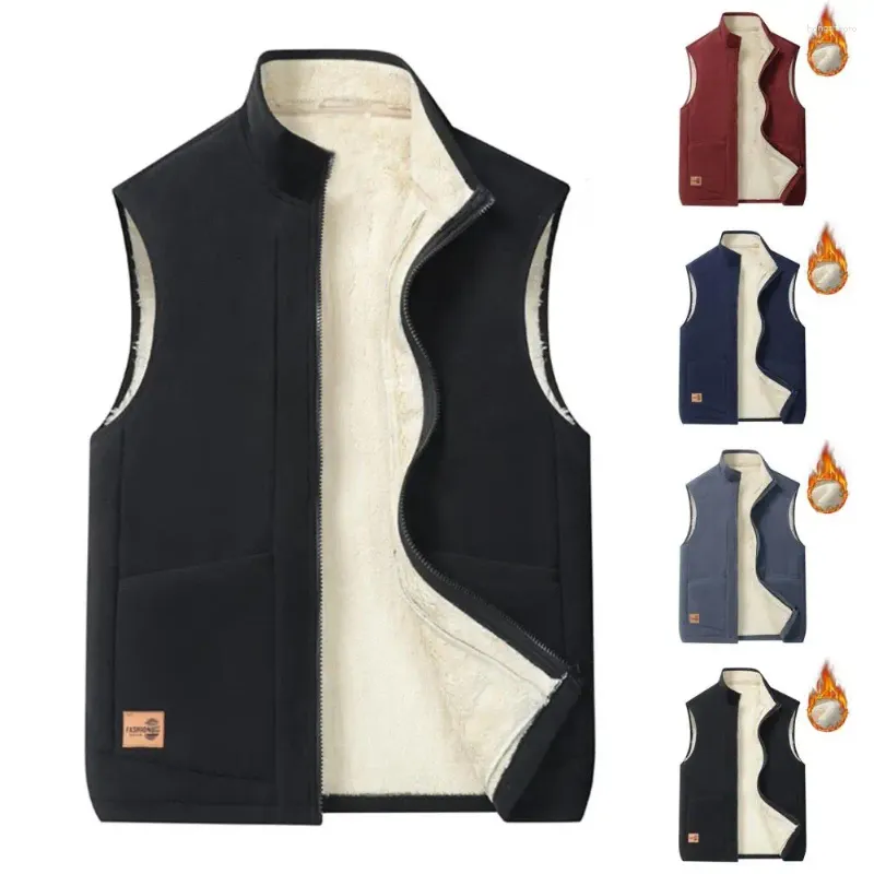 Gilet da uomo Autunno Inverno Gilet da uomo Colletto alla coreana Protezione del collo Chiusura con cerniera Peluche spesso Caldo antivento Tinta unita Morbido Cardigan taglie forti