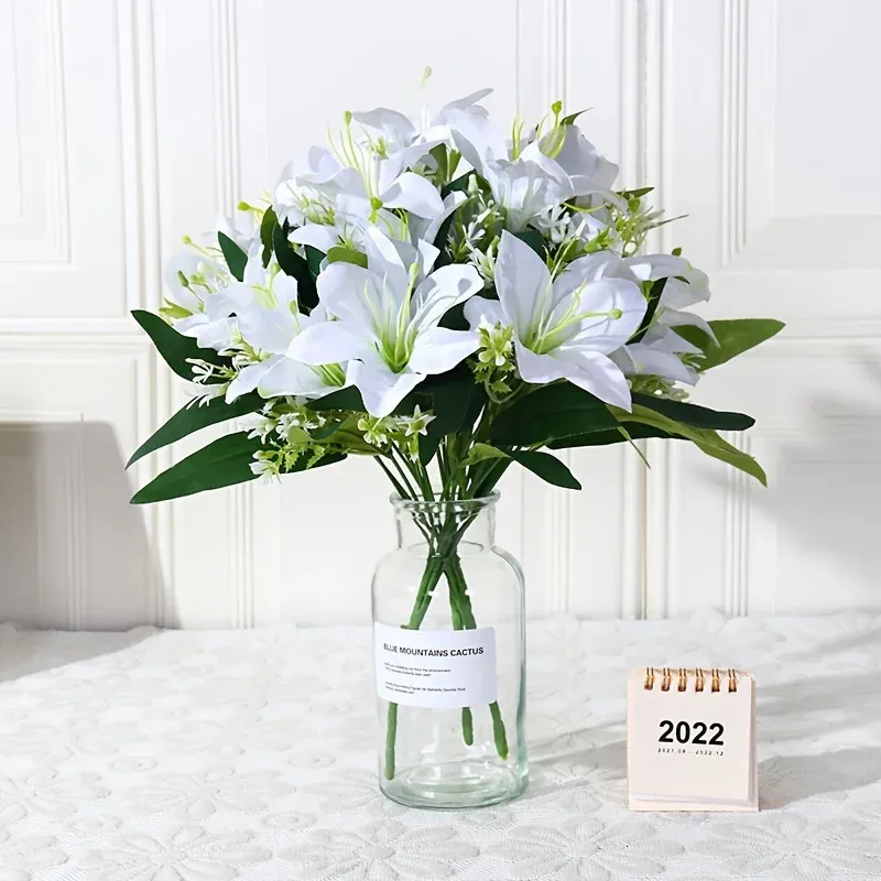 Bouquet de lys simulé à 7 têtes, 1 pièce, faux vase pour table de salon, disposition, décoration intérieure, 240111