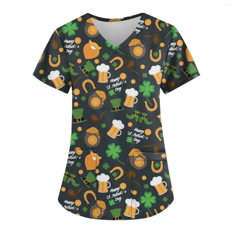 Women's T Shirts Clovers Print Green Scrub Tops St. Patrick's Day Clinic Carers Uniform Staff Blouse V Neck Workwear