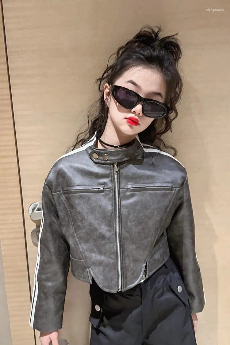 Jackets Teen Girls Motorcycle Leather Jacket 2024 Childrens Autumn 4-14 Korean Tops Coat For Casual Glossy Patent Kids Outerwear