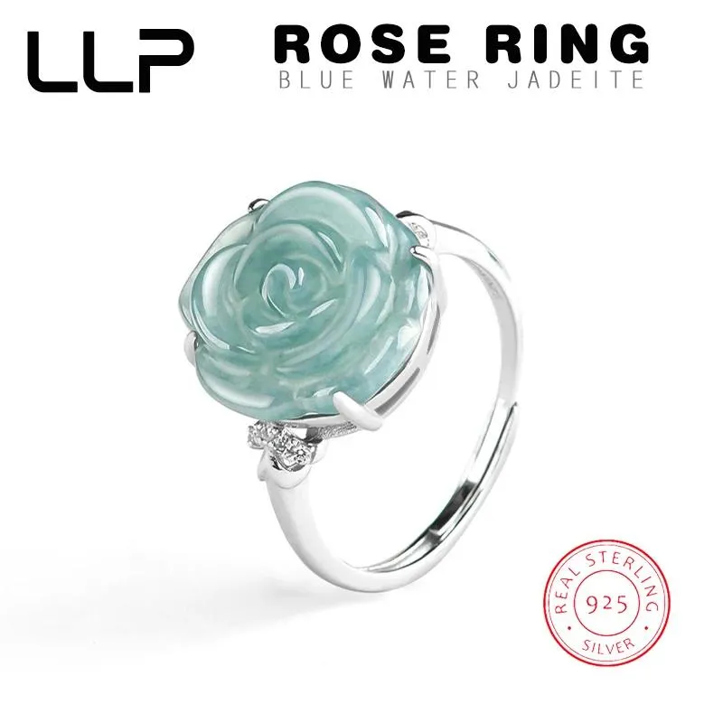 Ringar S925 Silver Set Myanmar Jadeite Blue Water Rose Ring Ice Jade Justerbar kvinnlig ring mode Fina smycken Wedding Party Gift