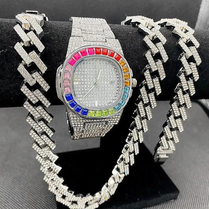 Relógios de pulso 3 pcs homens hip hop jóias conjunto gelado relógio colar pulseira bling miama cubana cadeias mulheres relógios de ouro manreloj hombre