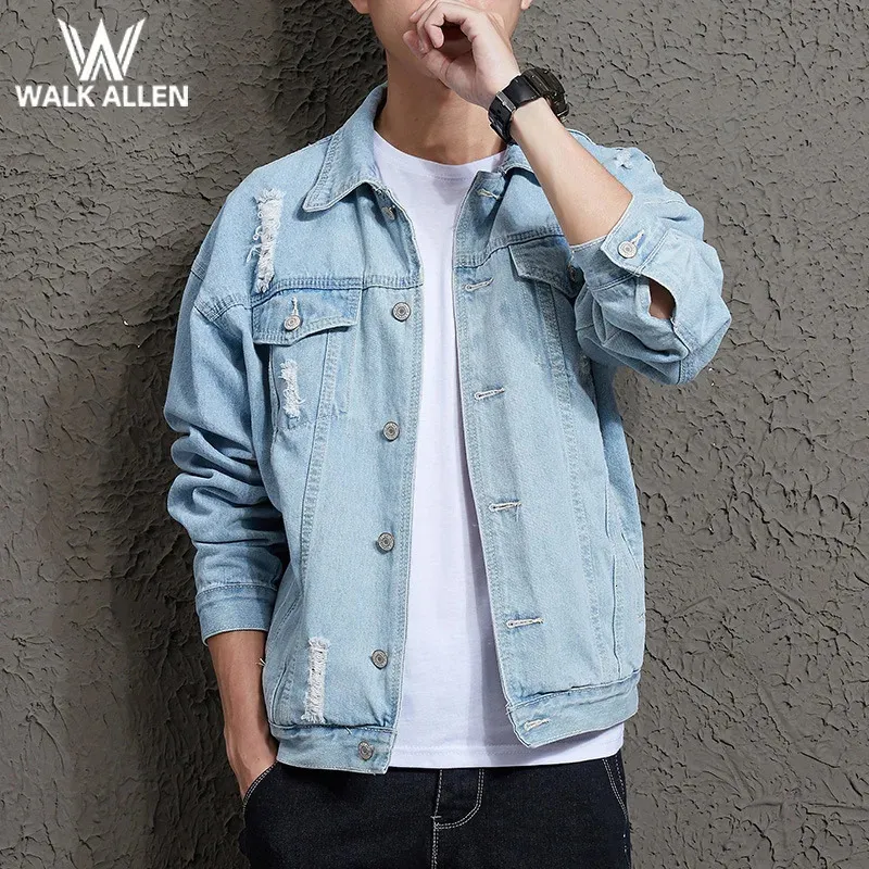 Men Light Blue Denim Jackets Holes Jean Jackets Streetwear Casual Denim Coats Men Cotton Outwear Slim Denim Jackets Size 240110