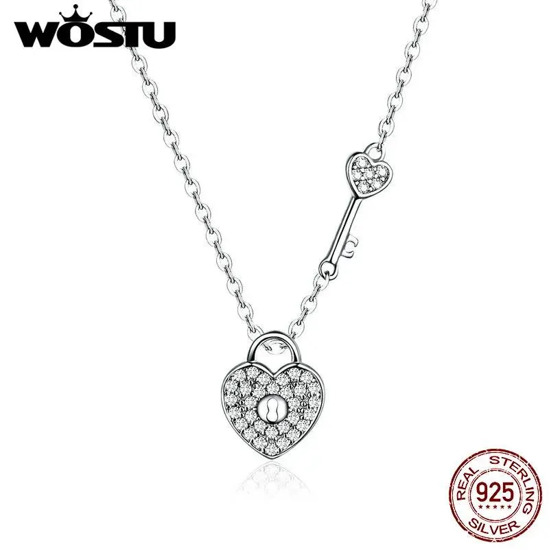 Halsband Wostu 925 Sterling Silver Lock Heart Dangle Pendant Heart Highlights Halsband Dazzling CZ Chain for Women 925 Jewelry CQN315