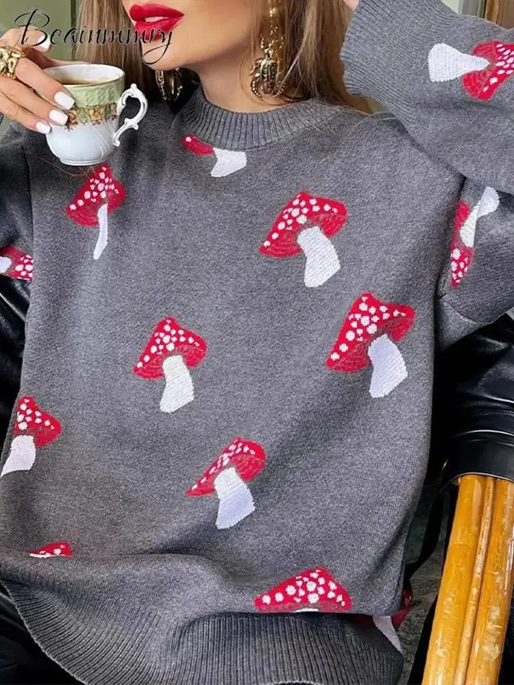 Mushroom Printed Pullover Sweater Women Autumn Long Sleeve Oneck Elegant Female Sweaters 2023 Fashion Casual Lady Clothes 240112