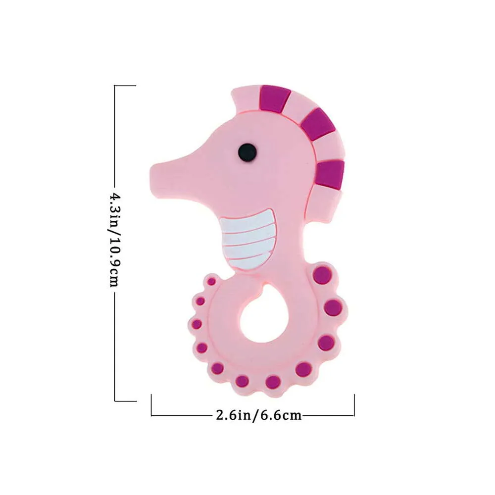 Suporte para chupeta de silicone para bebês, miçangas mastigáveis, clipe para chupeta de dinossauro adorável + brinquedo de mordedor de cavalo marinho bpa grátis para meninos e meninas, ótimo presente de banho - rosa