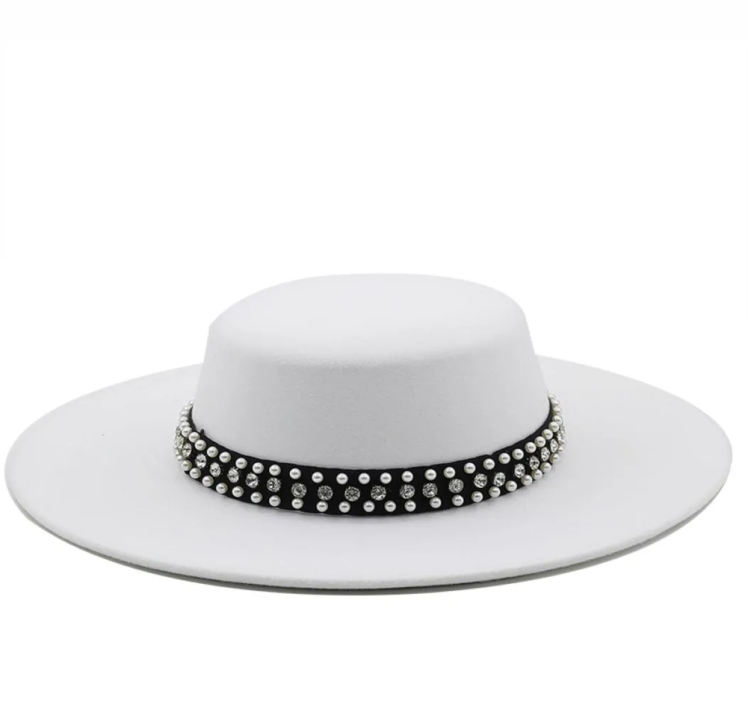 Cappello Fedora a tesa larga grande in finta lana Pork Pie con bordo piatto e perle rivetto Cappello da cowboy Trilby Panama bianco nero9407090