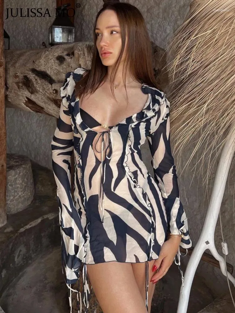 Lässige Kleider Chiffon Sheer Bandage V-Ausschnitt Longsleeve Minikleid für Frauen Sexy Zebra-Print Schlank durchsichtig Strandurlaub