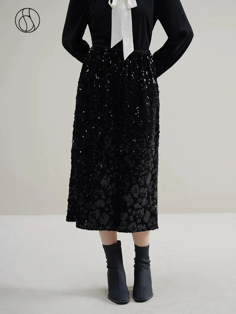 DUSHU 스팽글 디자인 검은 긴 스커트 높은 허리 탄성 허리 디자인 여성 겨울 중간 길이 기질 연필 치마 240112