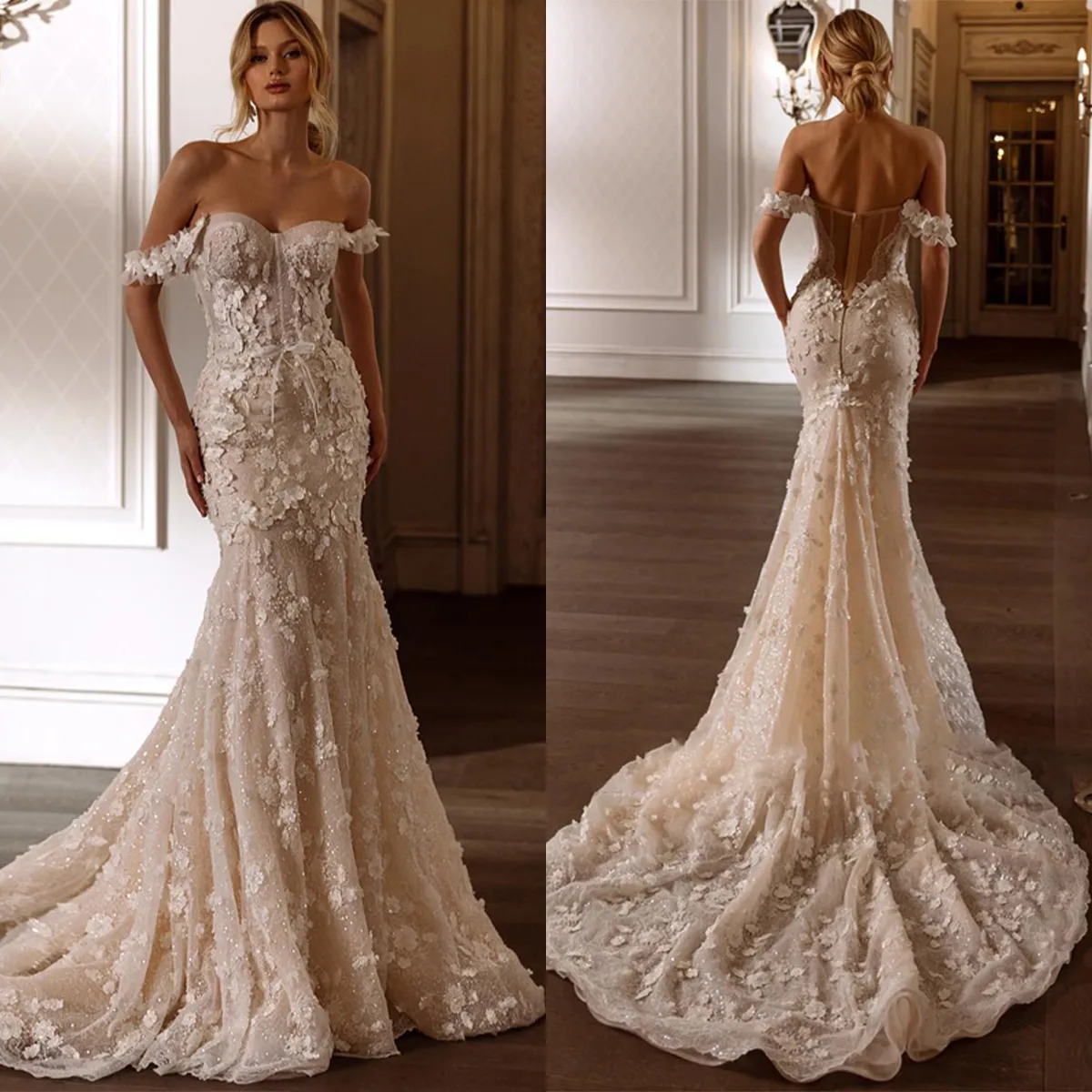 Robe de mariée sirène élégante, épaules dénudées, robe de mariée en cœur pour femmes, avec des Appliques, traîne de balayage, robes cintrées sur mesure