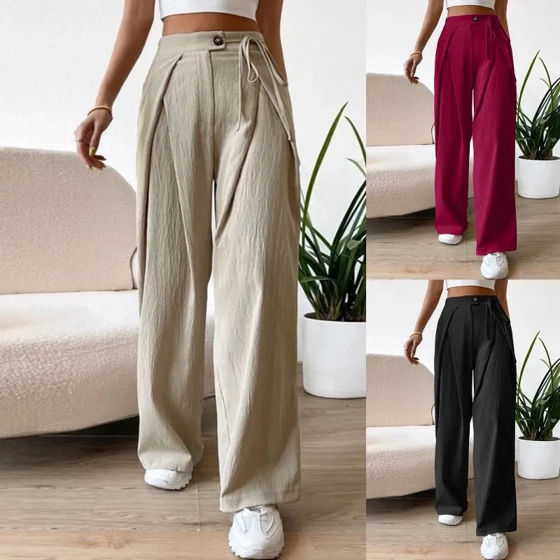 Women's Pants Cotton Linen Trousers Casual High Waisted Tie Side Plicated Wide Leg Korean Streetwear Y2k Cargo