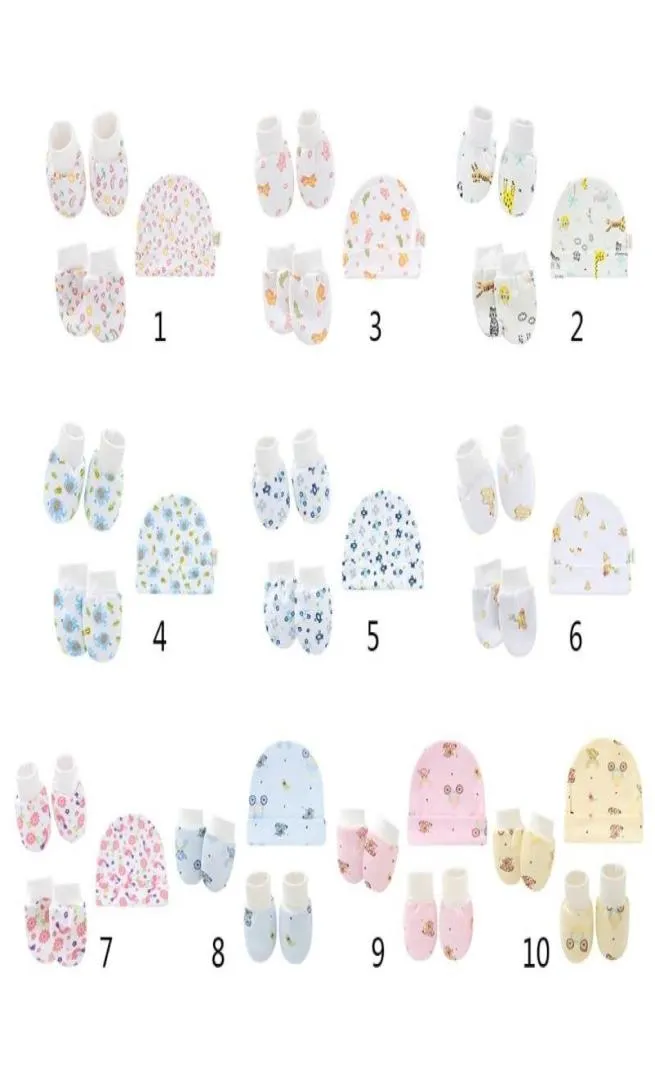 Bebek karikatür antiscratch eldiven şapka ayak kapağı seti el koruması pamuklu eldivenler beanie kaplı çorap kiti Bebek doğumlu p15c çocuklar03391377