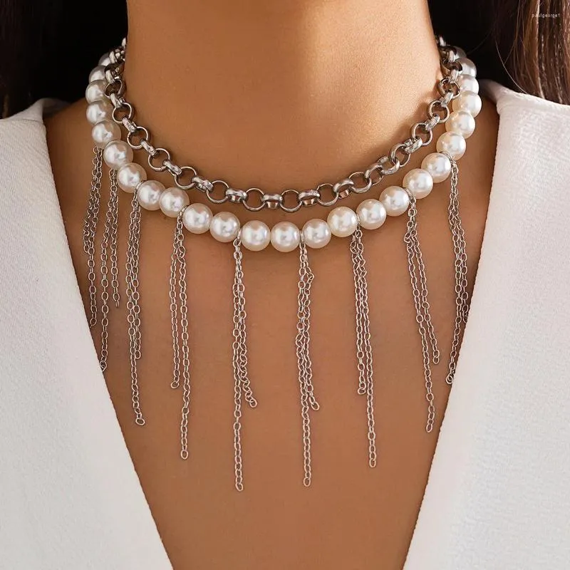 Conjunto de pendientes y collar para mujer, Gargantilla de perlas con cadenas de borlas de Metal de doble capa, accesorios de fiesta de lujo, joyería para el cuello, 2024