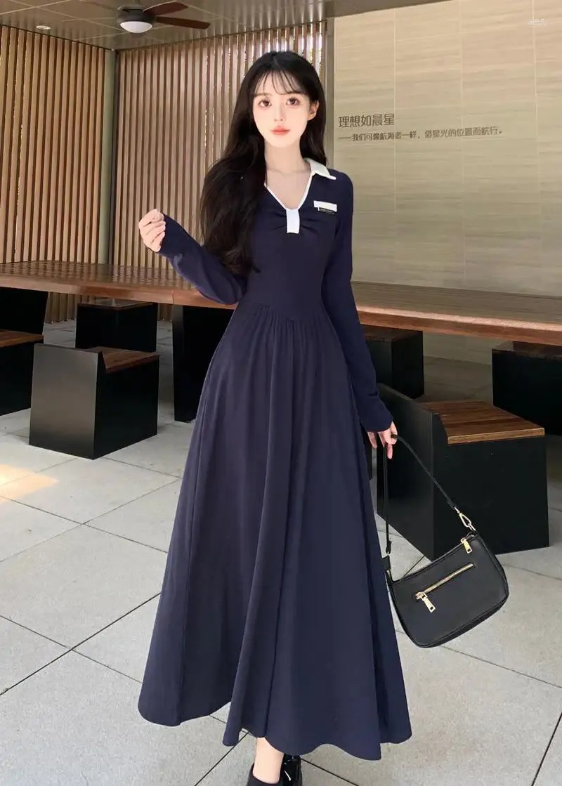 Casual Dresses Elegant Cotton Long For Women 2024 Female Large Size 4XL Autumn Winter Loose V Neck Sleeve Pleat Dark Blue Vestidos